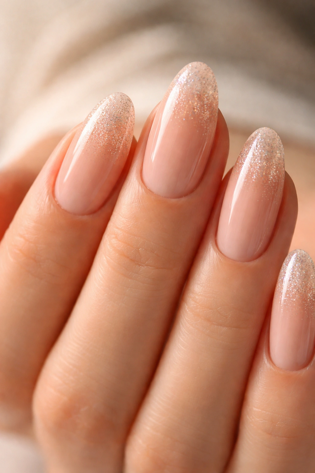 Close-up of nude almond oval nails with micro glitter and subtle glow