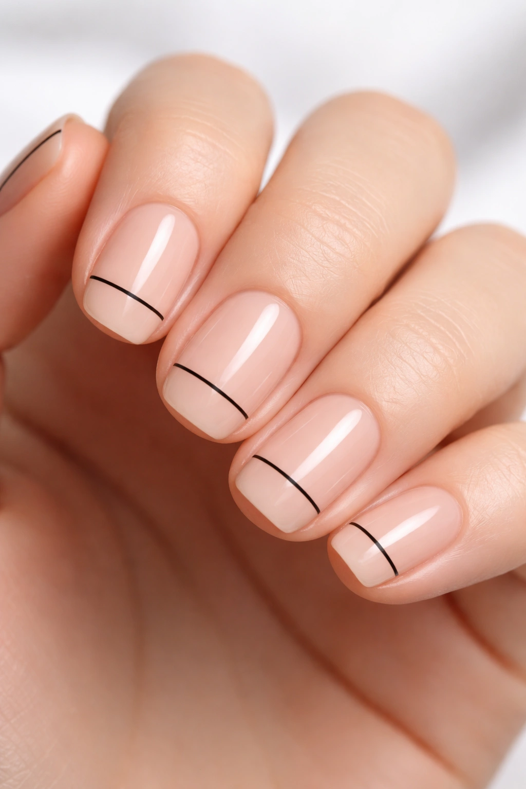 Nude short squoval nails with a single thin black line