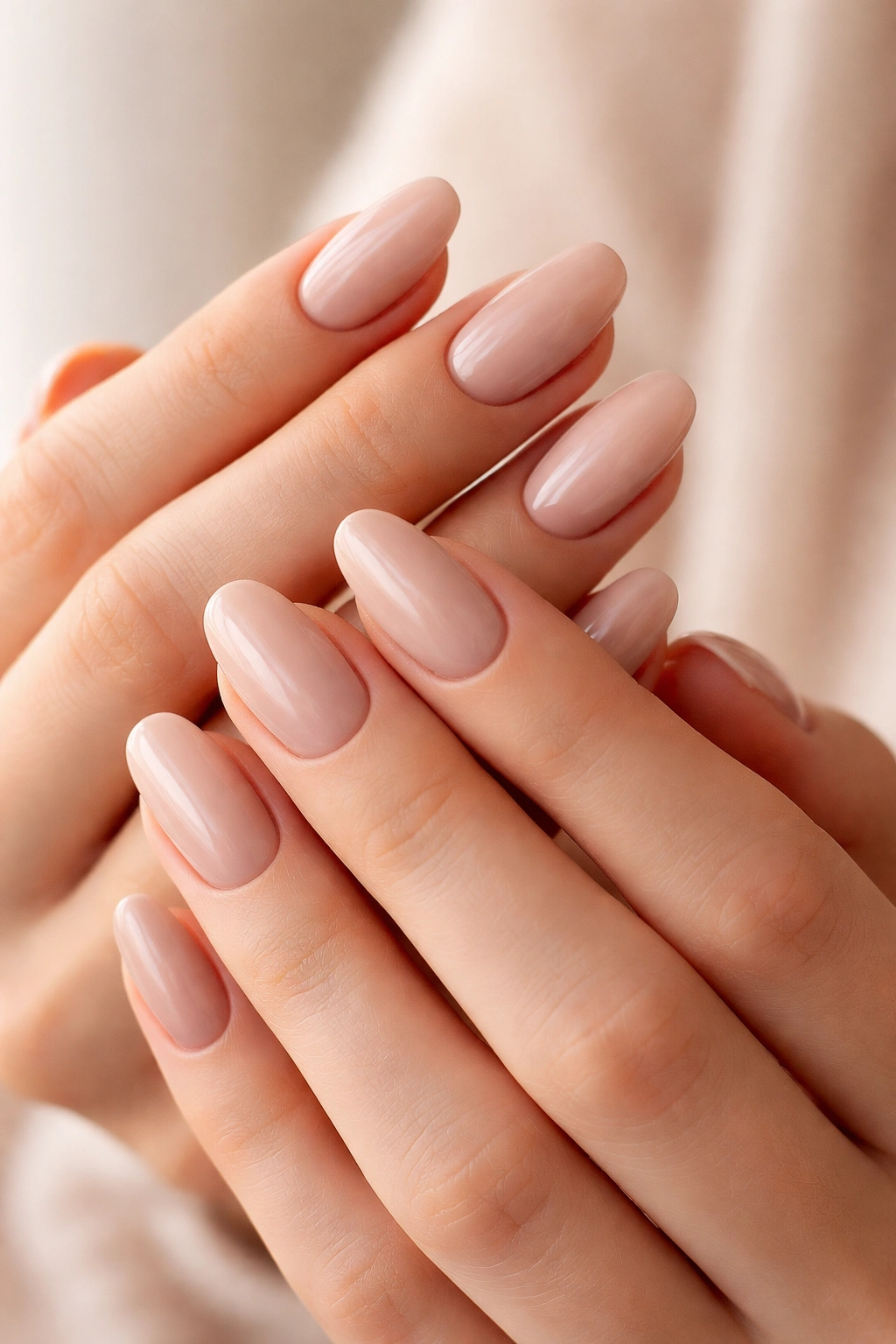 Close-up of hands wearing nude and neutral nails in beige and pink tones