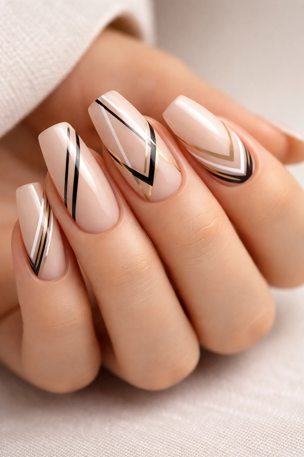Close-up of nude squoval nails with black white and gold geometric lines creating negative space