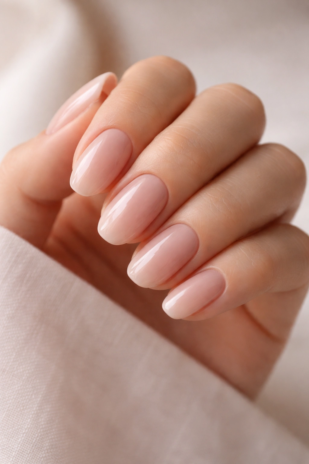 Close-up of nude and neutral bridal nails with sheer pink and latte tones