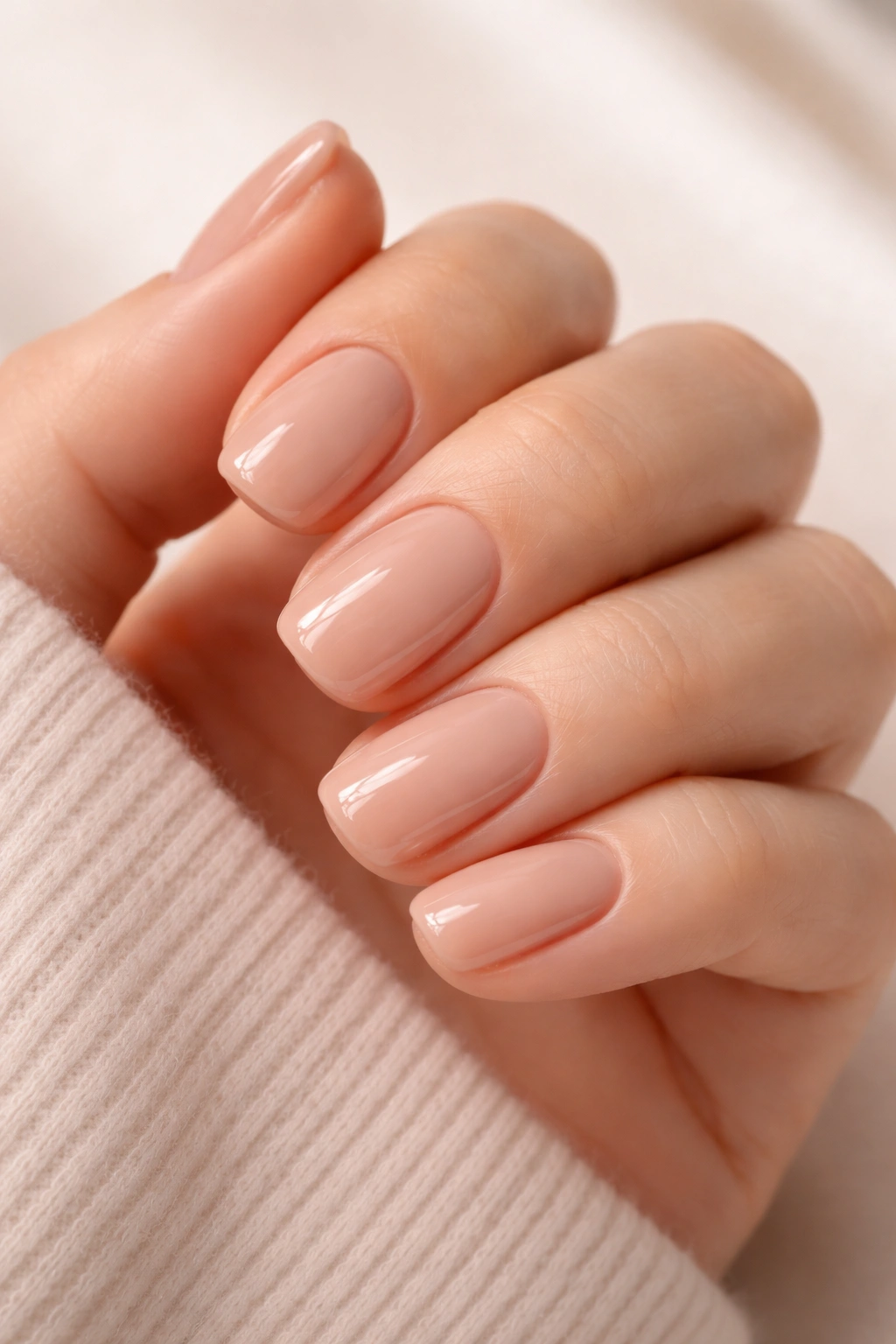 Hand with nude and neutral short acrylic nails with glossy finish
