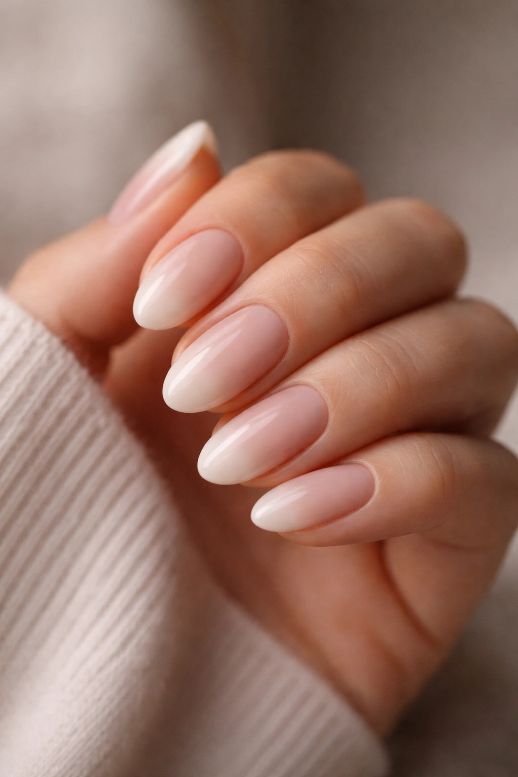 Close-up of short almond nails with soft nude to milky-white ombre on a neutral backdrop