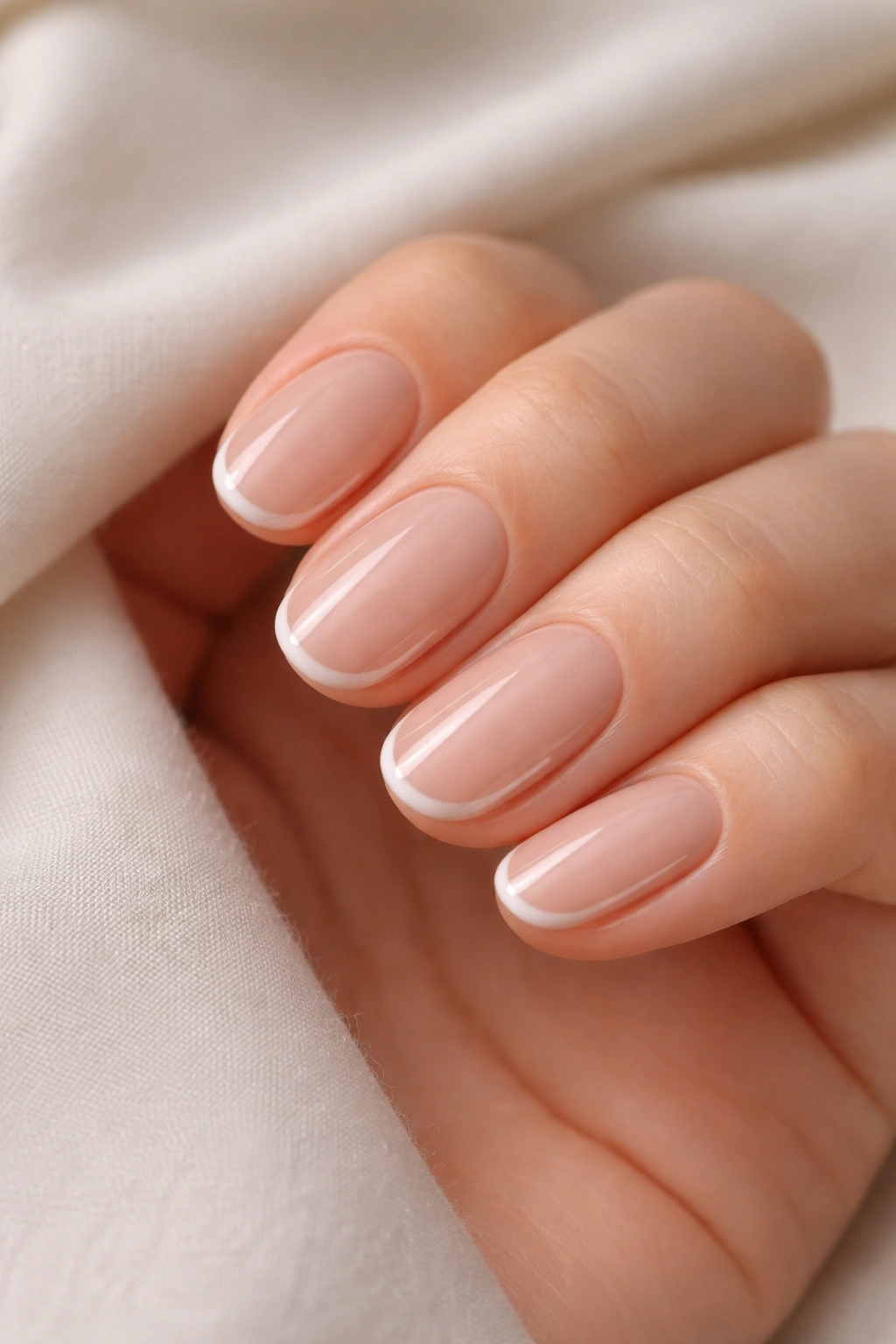 Close-up of short oval nude nails with a thin, diffused white outline along the edges