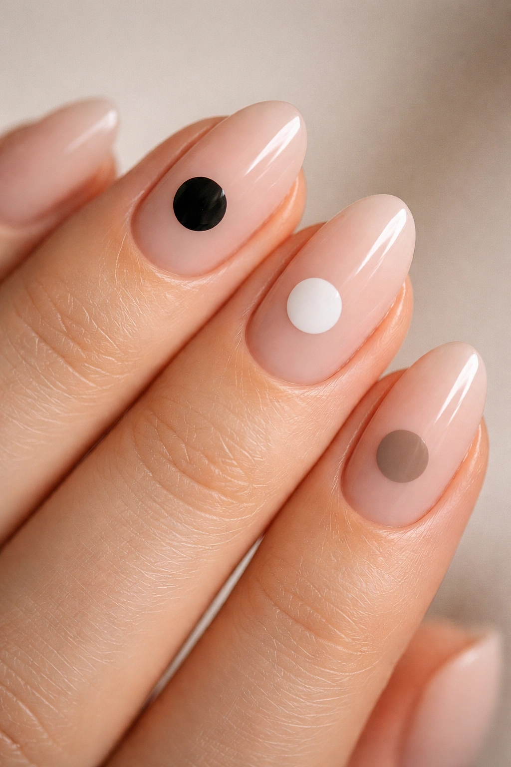 Nude almond nail with one oversized dot near the cuticle