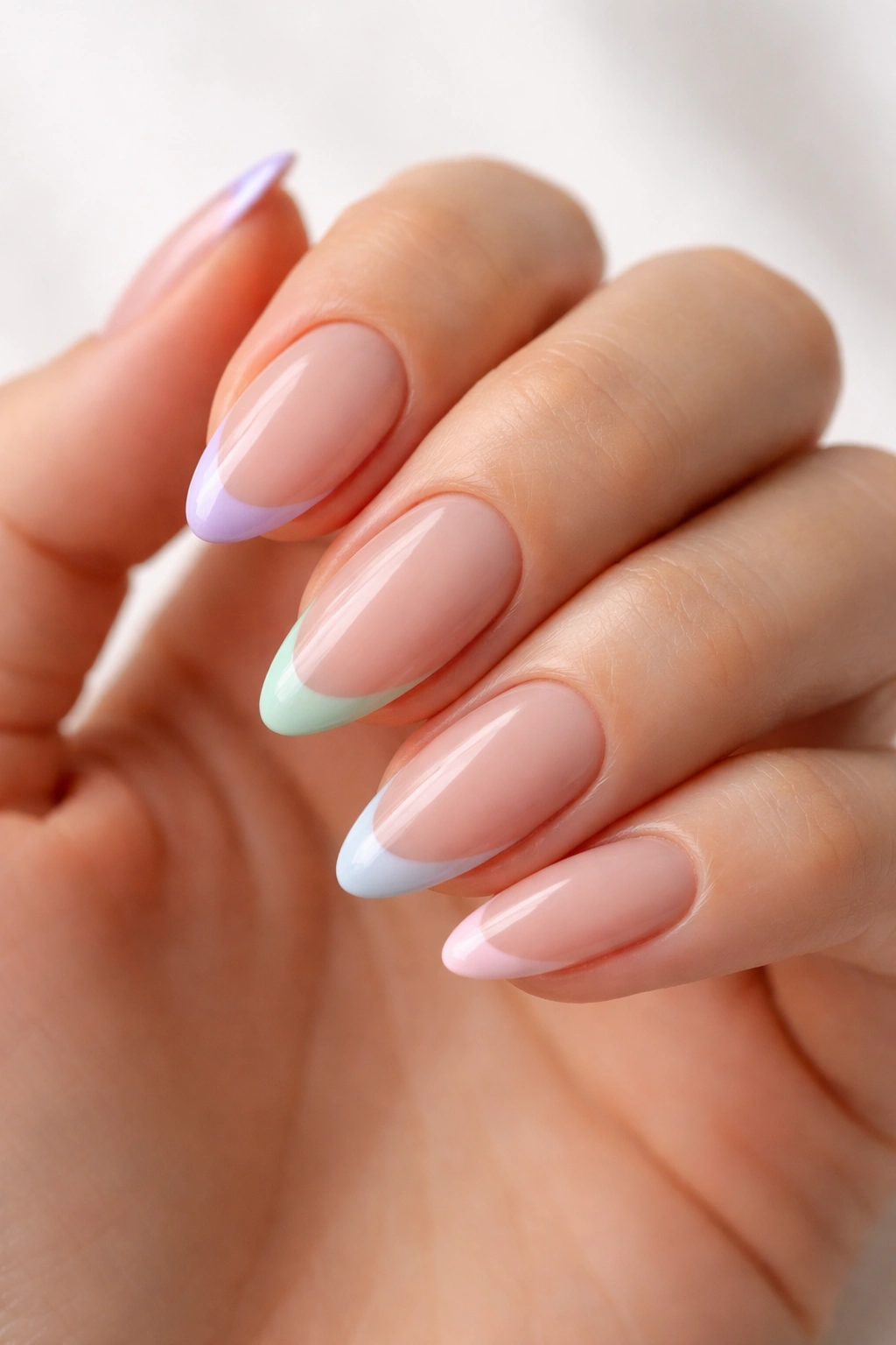 Close-up of nude almond nails with delicate pastel French tips along the curve.