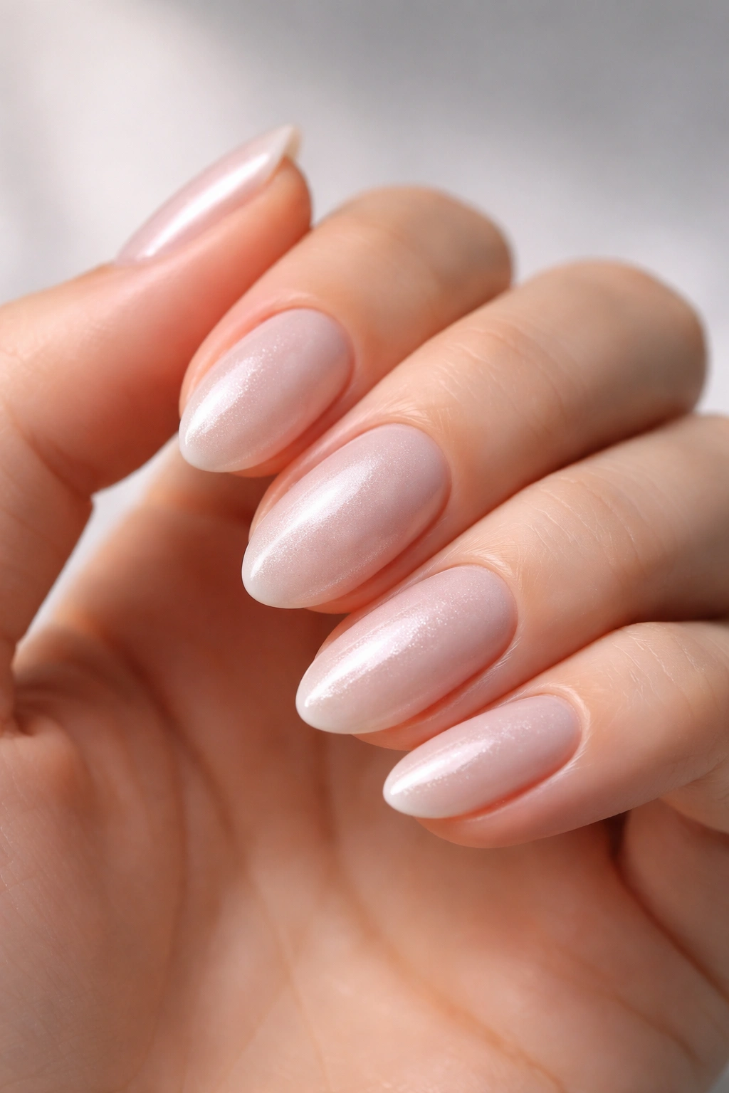 Close-up of short almond nails with cool nude base and pearl shimmer