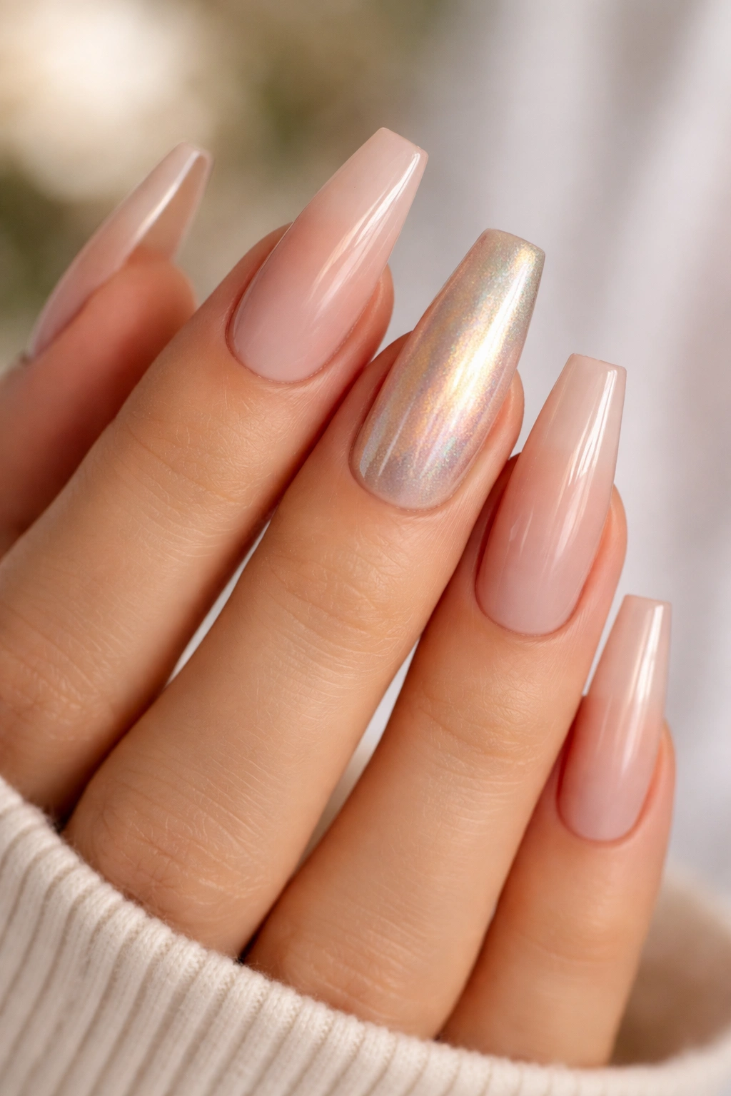Close-up of nude coffin nails with a metallic or pearl accent nail