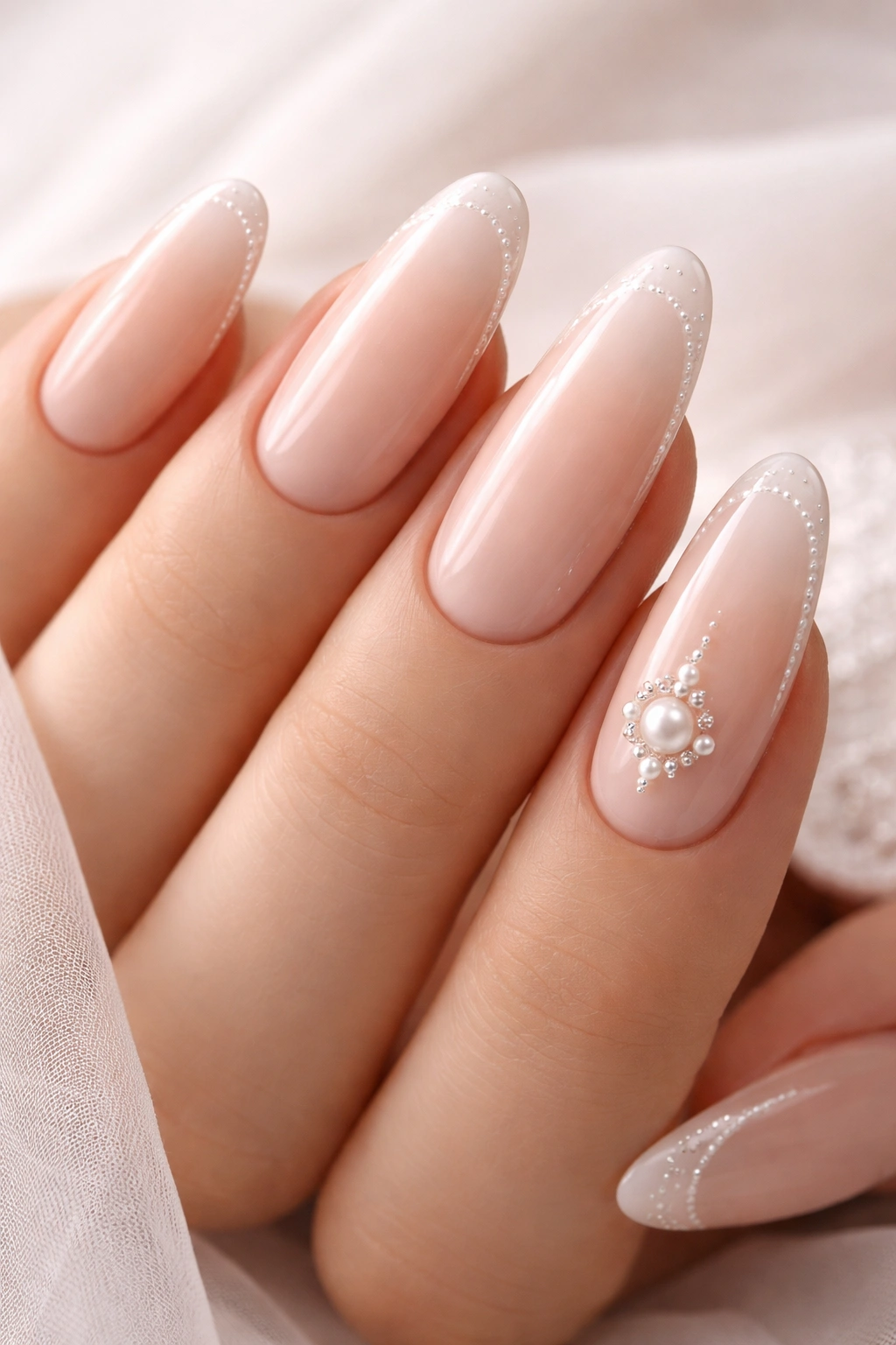 Close-up of long oval nails in nude shade with pearl accents along tips and a pearl accent nail
