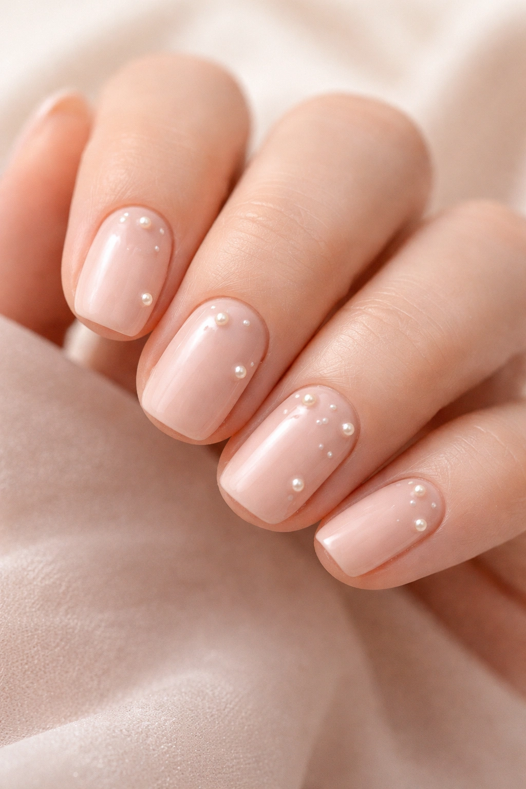 Close-up of soft nude squoval nails with scattered pearl inlays