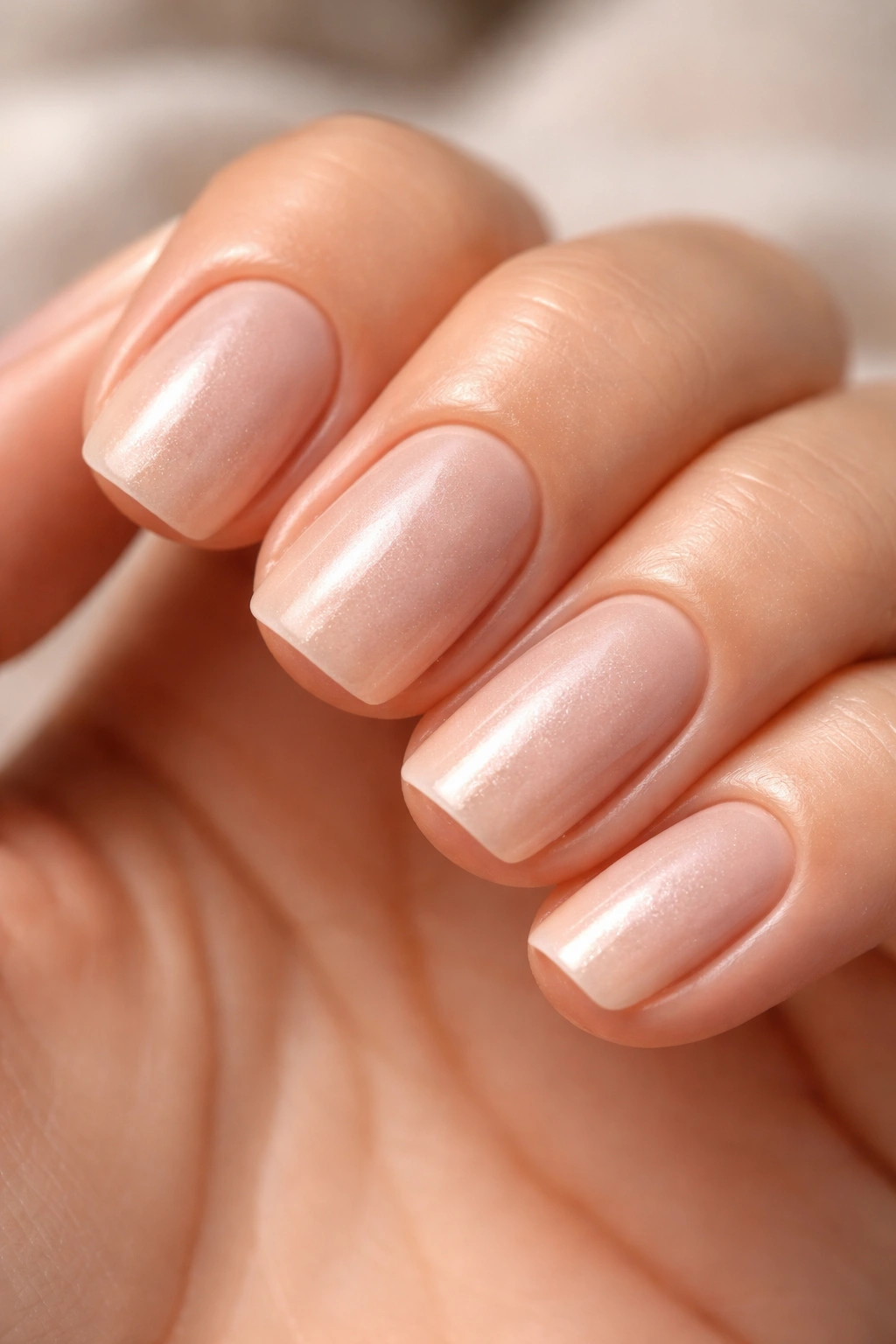 Close-up of nude squoval nails with subtle pearl shimmer