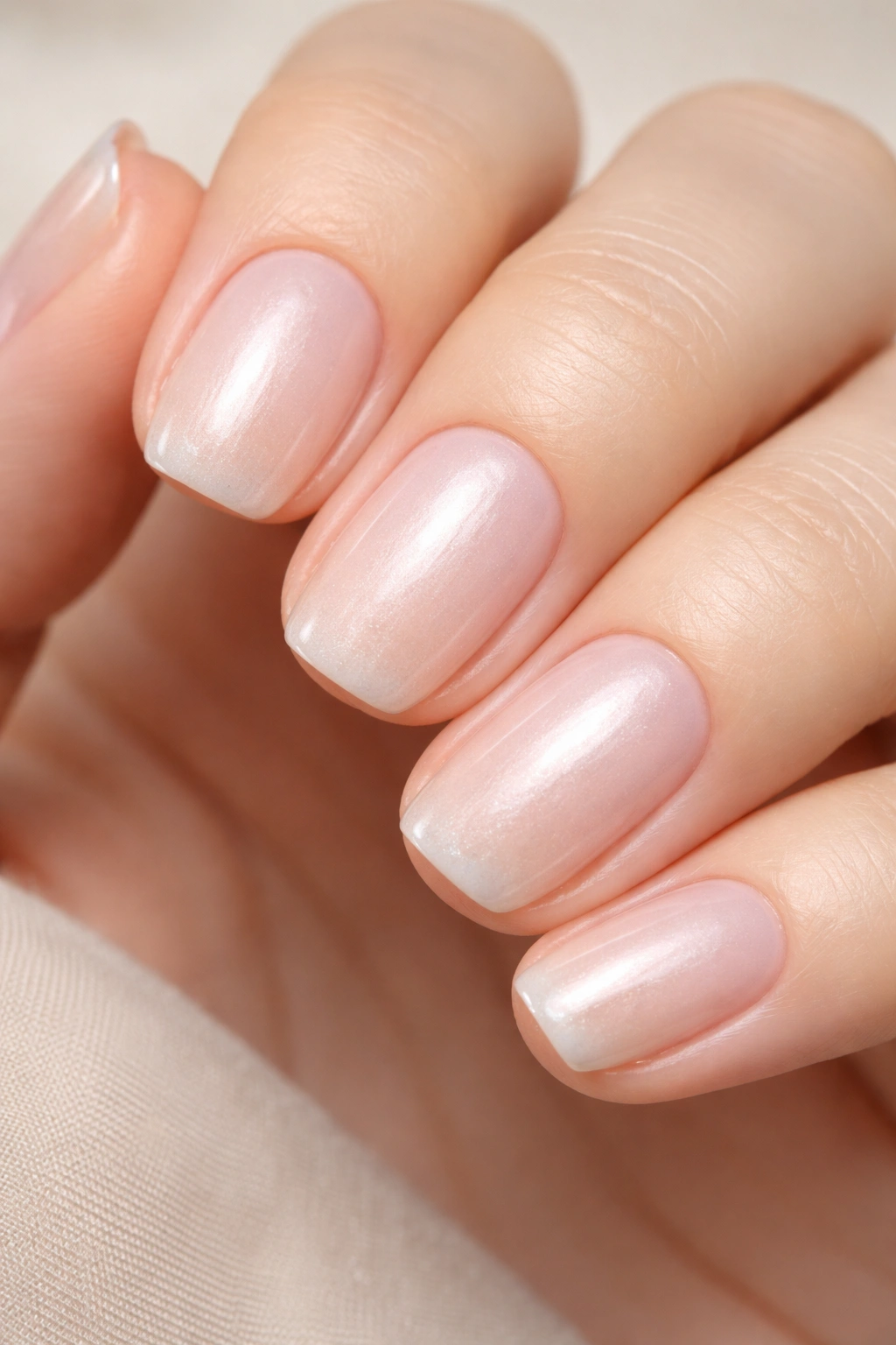 Close-up of short squoval nails with translucent nude polish and pearl shimmer