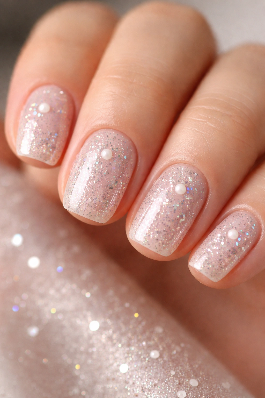 Nude nails with scattered pearl and silver glitter