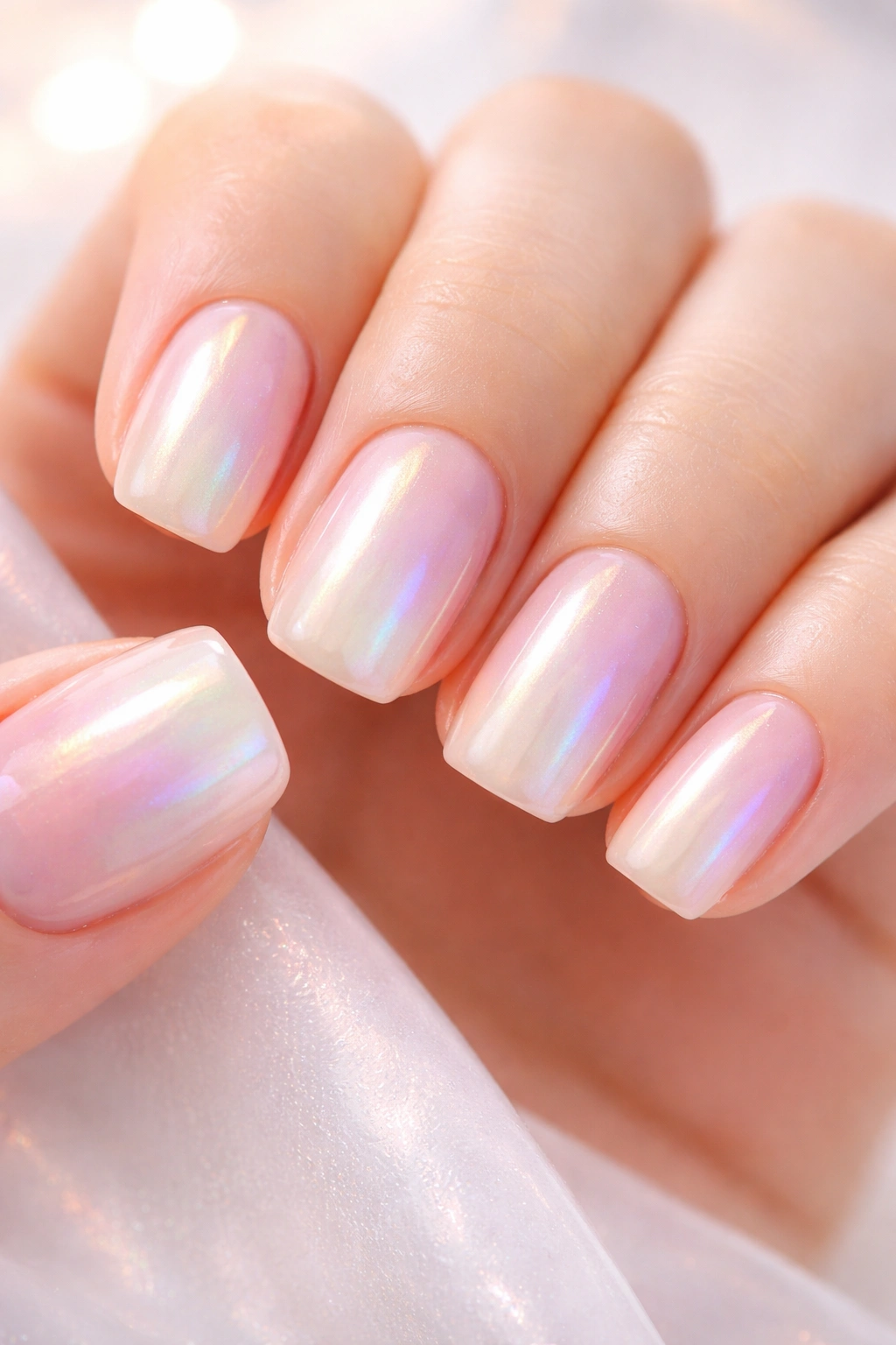 Close-up of nude base nails with pearlescent rainbow shift on short squoval nails