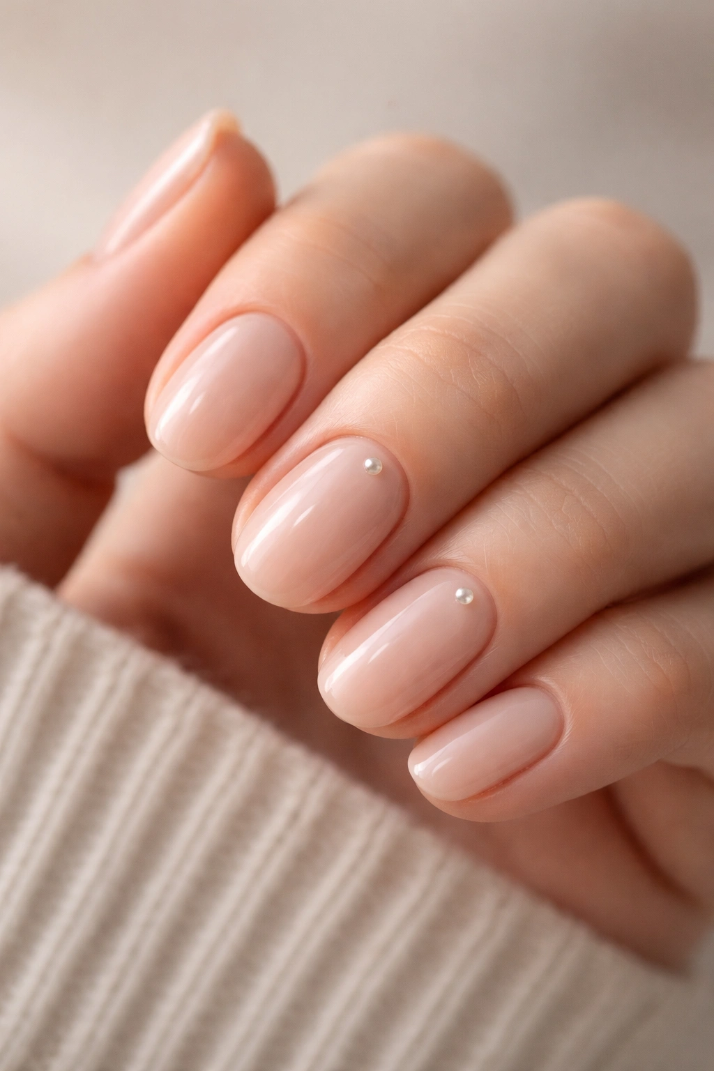 Close-up of nude short oval nails with tiny pearl accents.