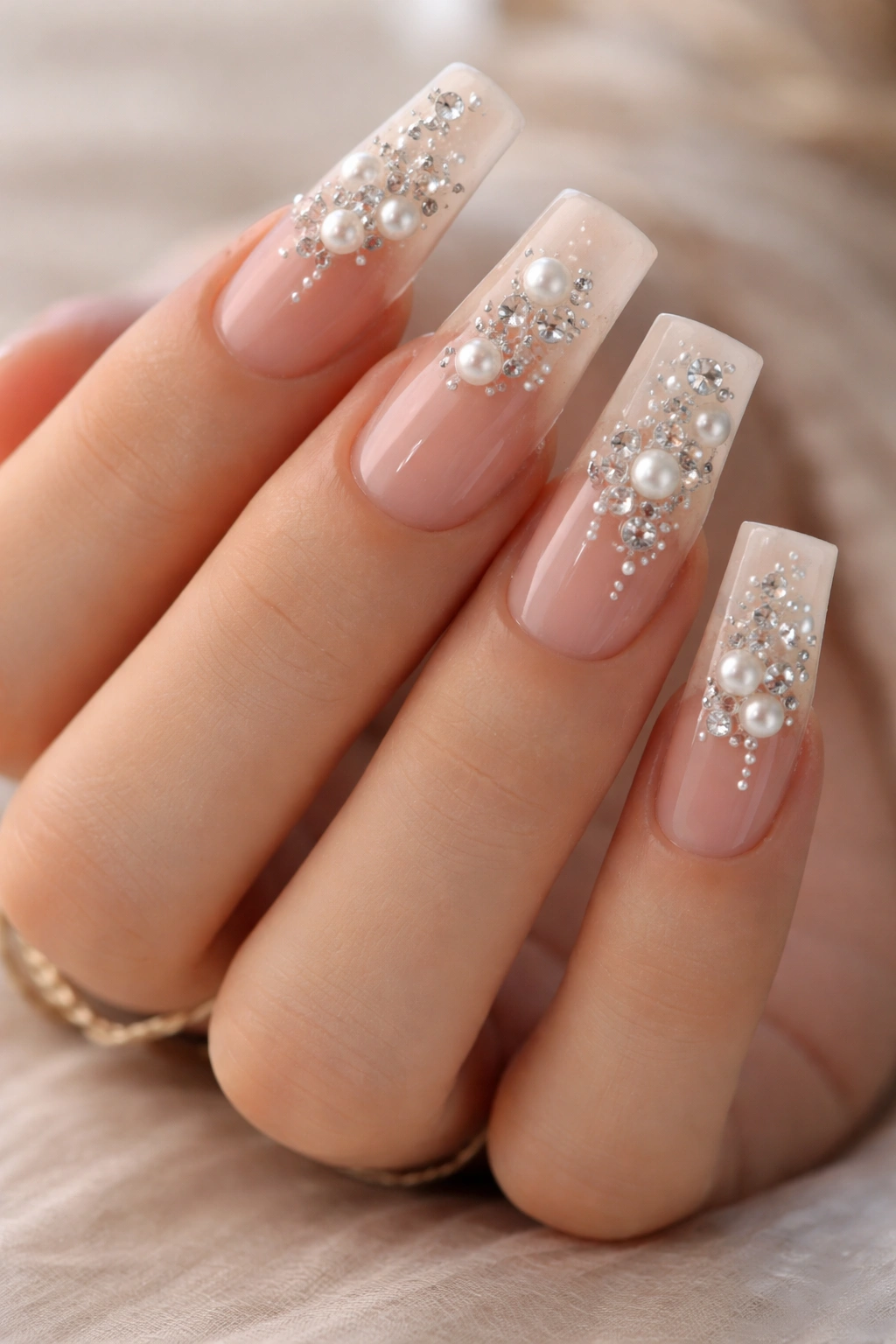 Close-up of translucent nude duck nails with scattered pearl and crystal clusters