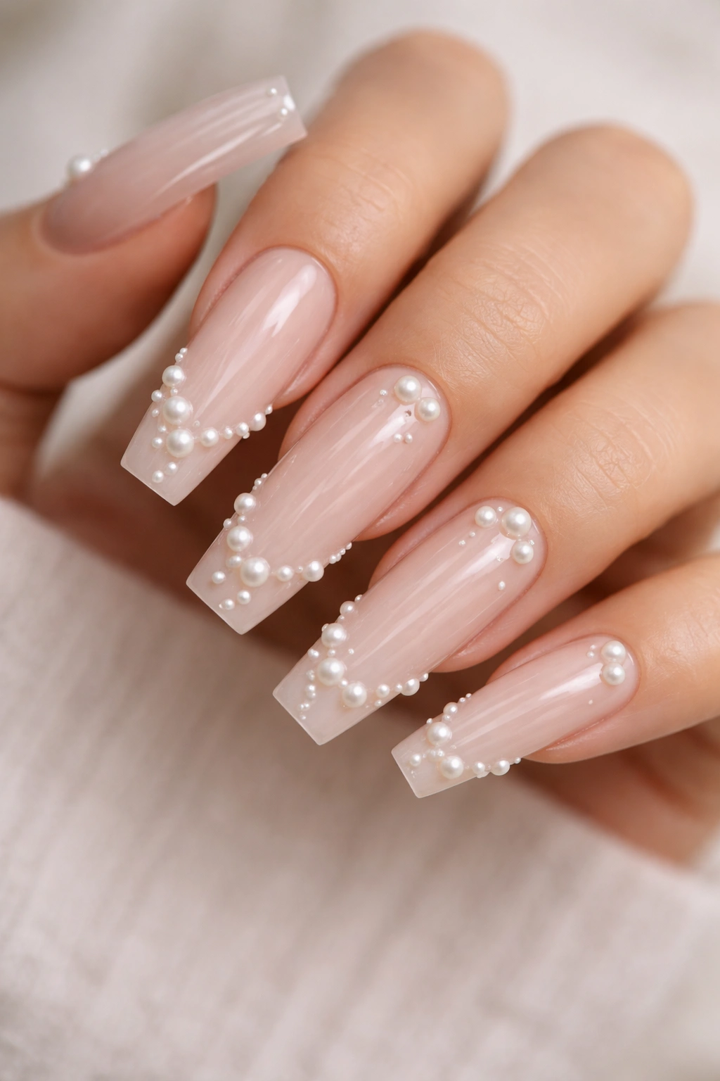 Close-up of coffin nails with nude base and 3D pearl embellishments on fingertips
