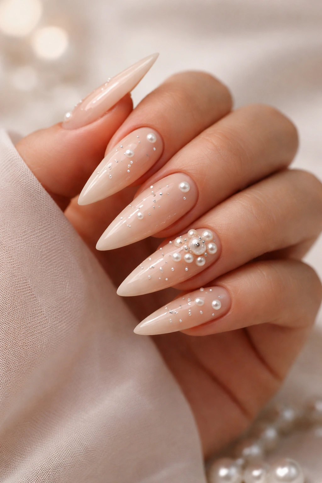 Close-up of nude stiletto nails with scattered pearl accents on a neutral background