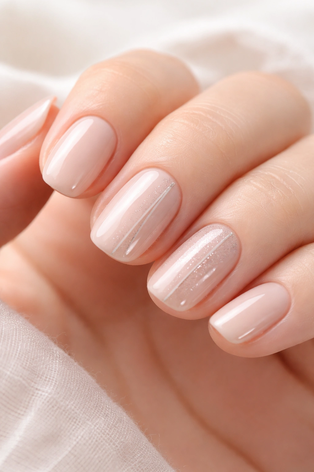 Nails in light nude and pink tones with vertical accents.