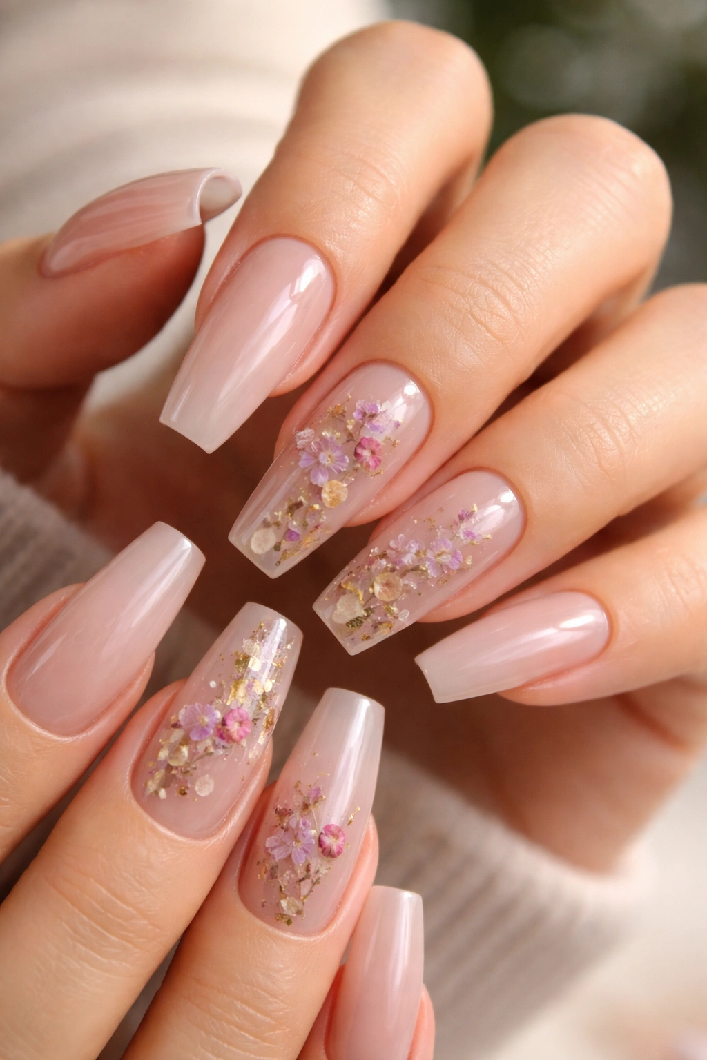 Cool nude coffin nails with pressed flowers encased in gel
