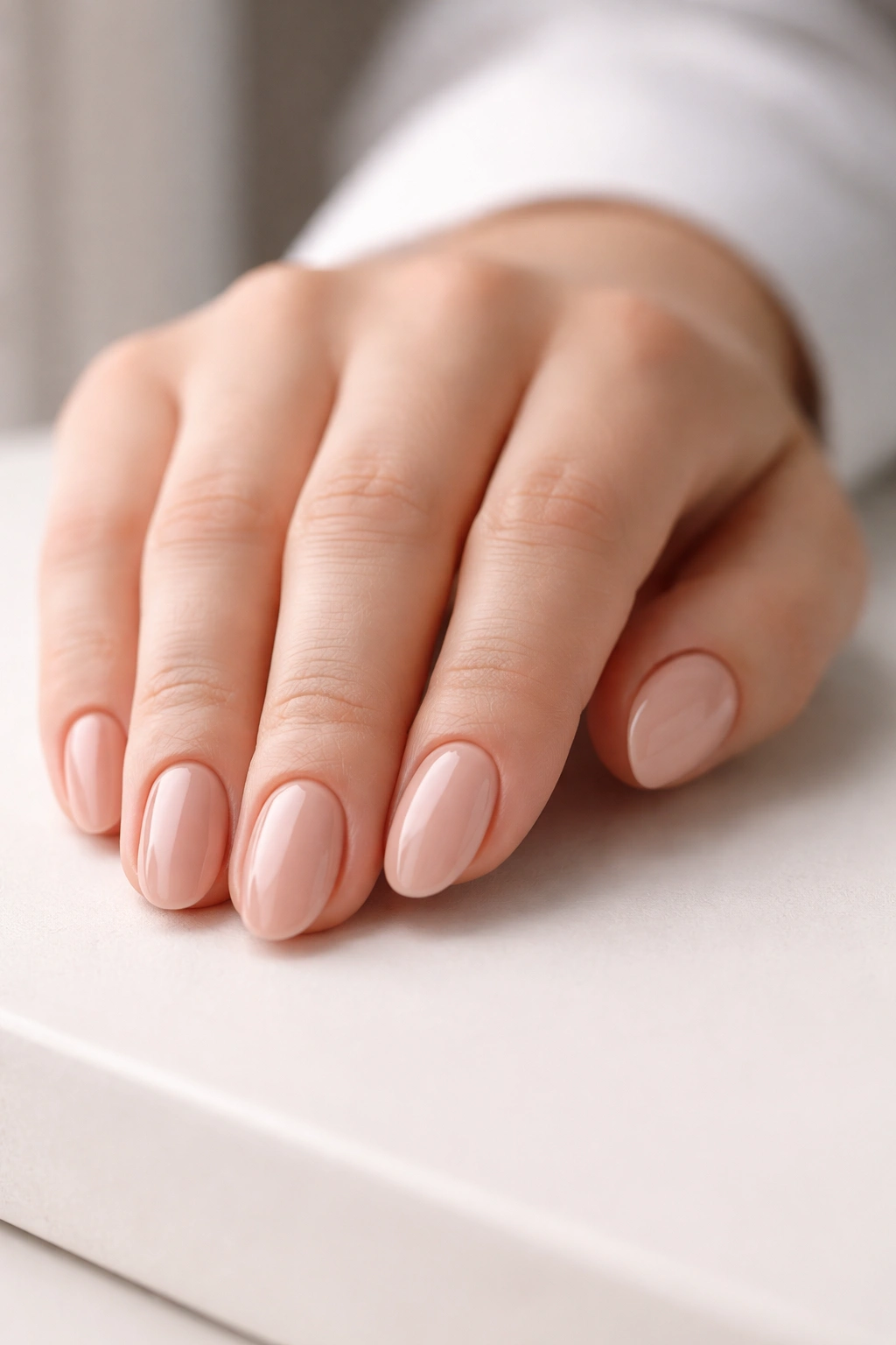 Close-up of hand with nude-toned nails on a neutral surface