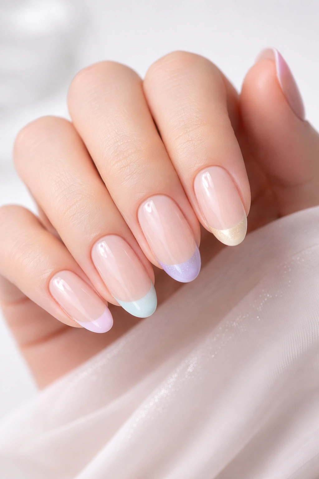 Close-up of nude nails with soft pastel French tips on a hand