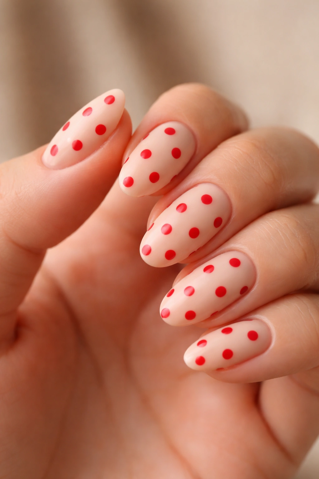 Nude almond nails with red polka dots in uneven spacing