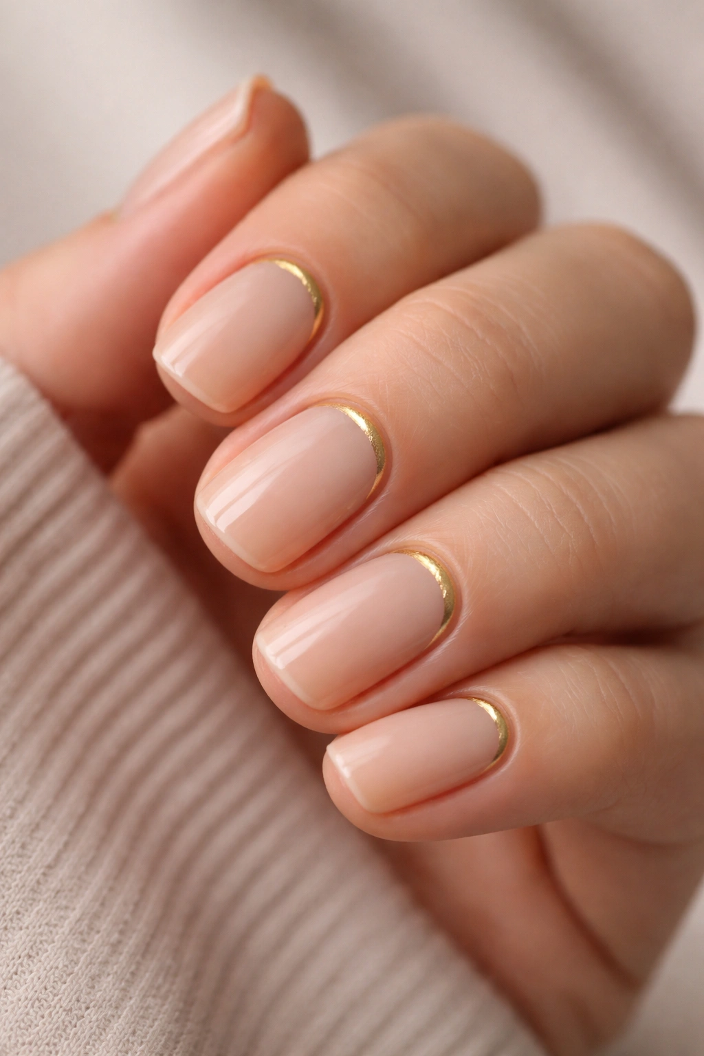 Close-up of short squoval nails with warm nude base and metallic gold reverse French at the base