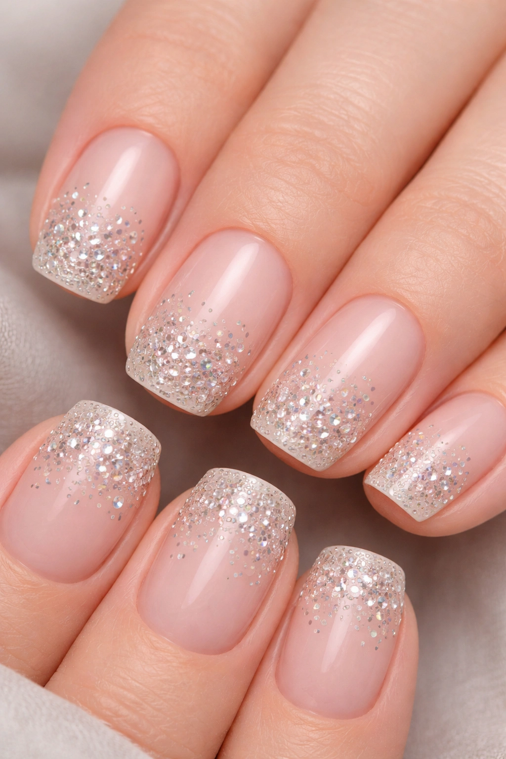 Close-up of short squoval nails with nude base and rhinestone gradient