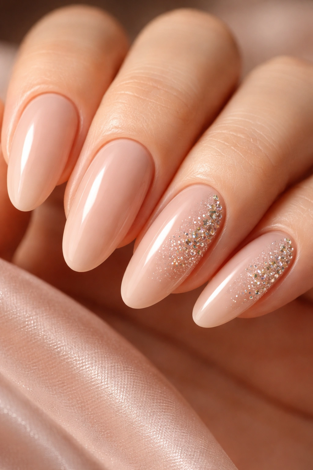 Nude long oval nails with rhinestone gradient on accent nails