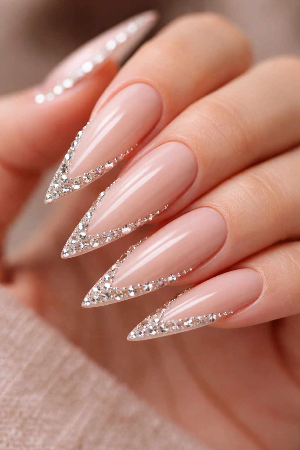 Close-up of nude stiletto nails with rhinestones on a neutral backdrop