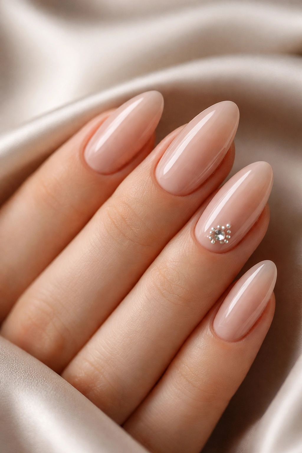 Close-up of glossy nude almond nails with tiny rhinestones near the cuticle