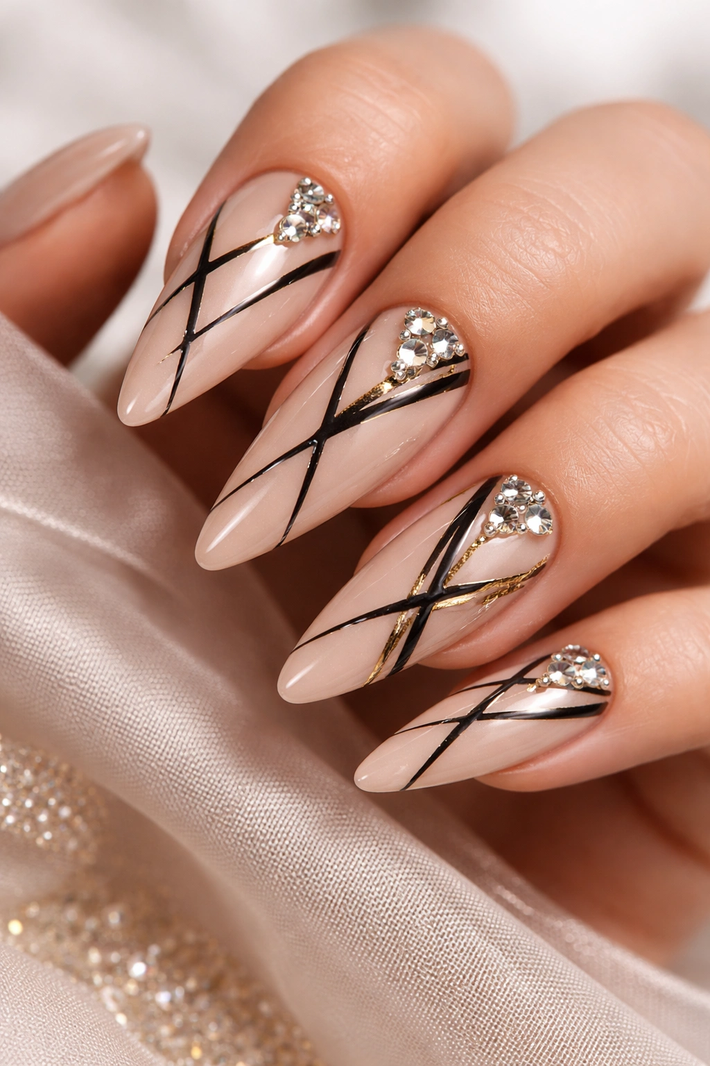 Close-up of nude nails with rhinestones and gold foil accents.
