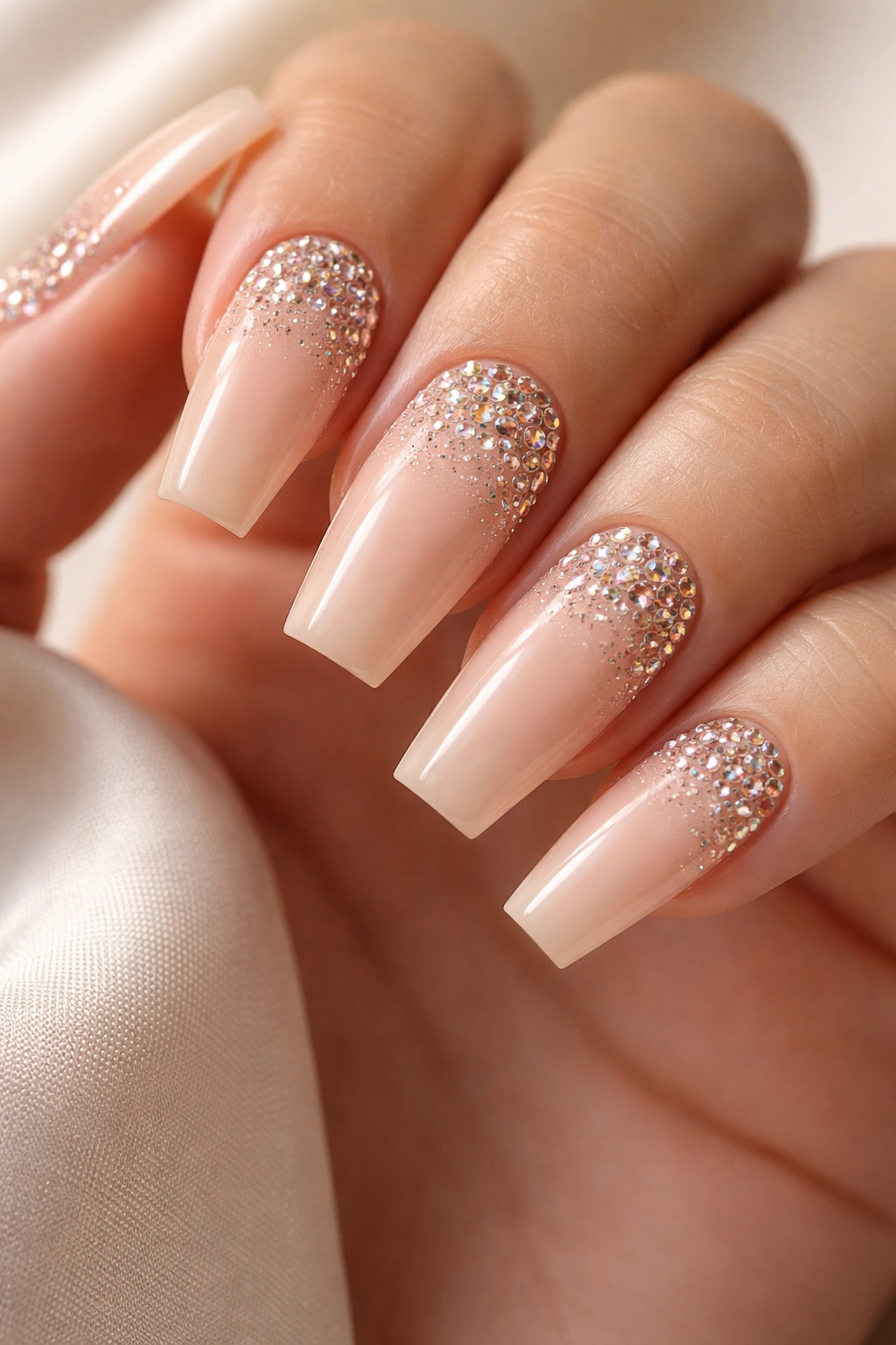 Nude coffin nails with rhinestone ombre gradient from cuticle to tip