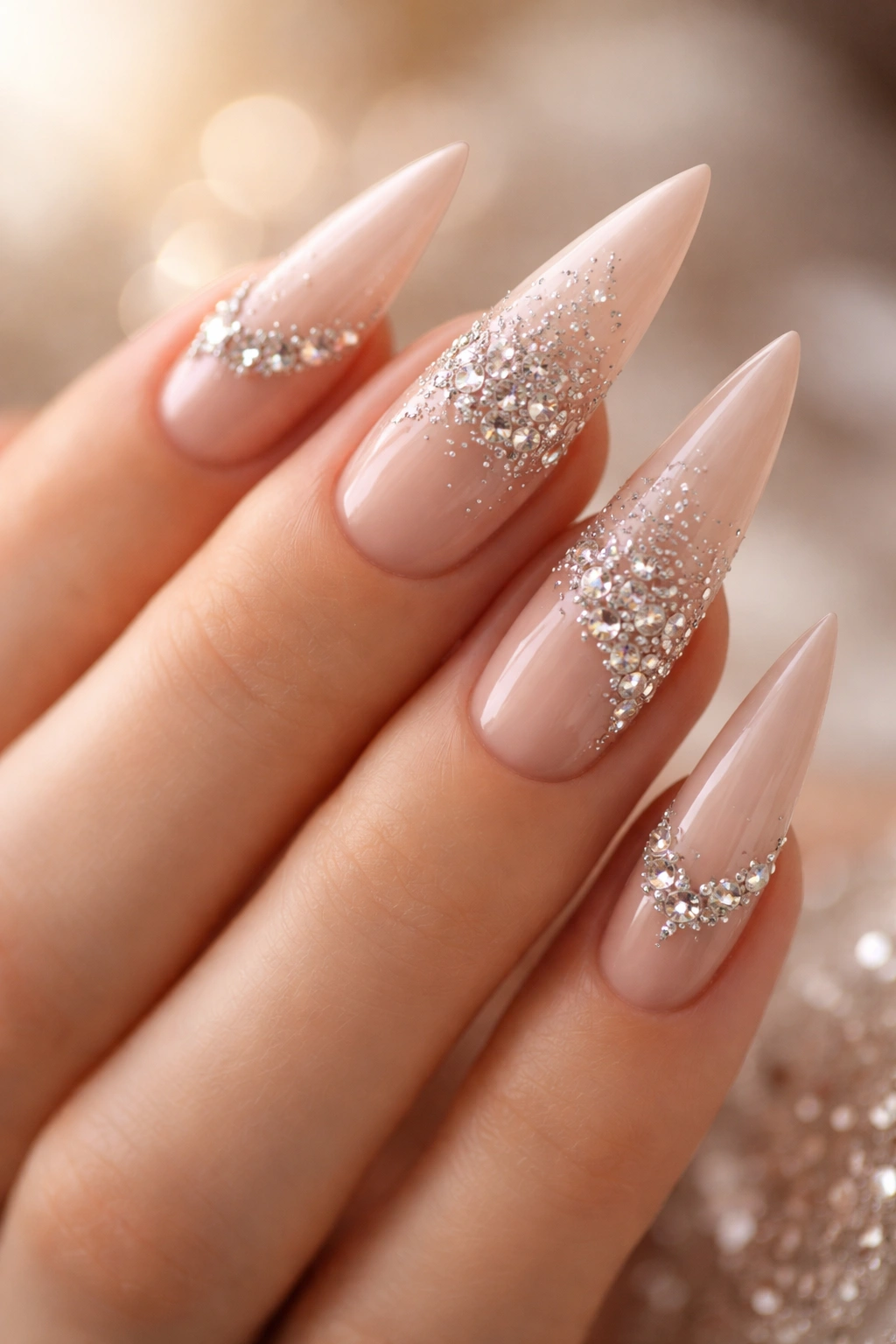 Nude stilettos nails with rhinestones