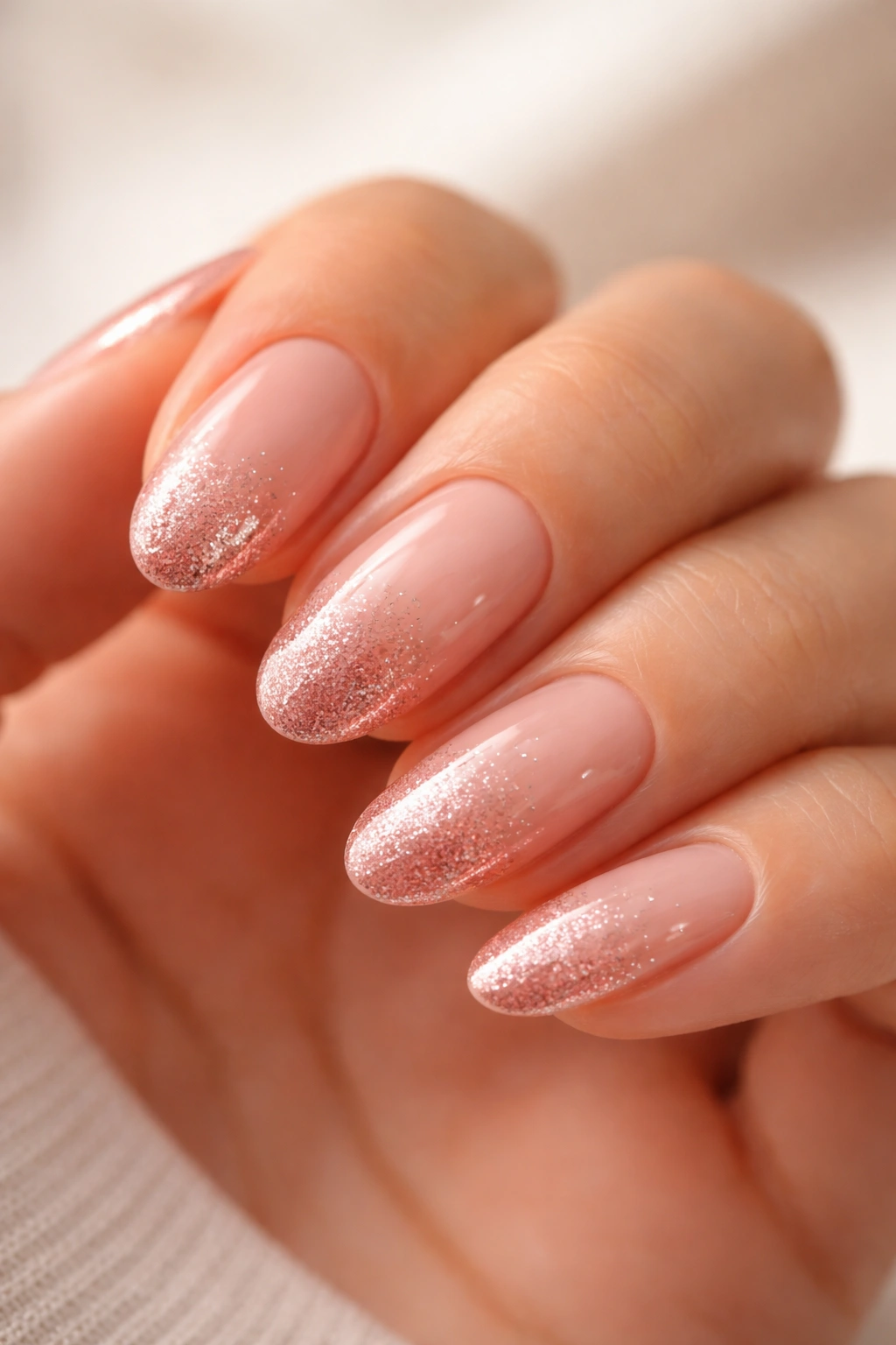 Short almond nails with nude base and rose gold ombre tips on a neutral background