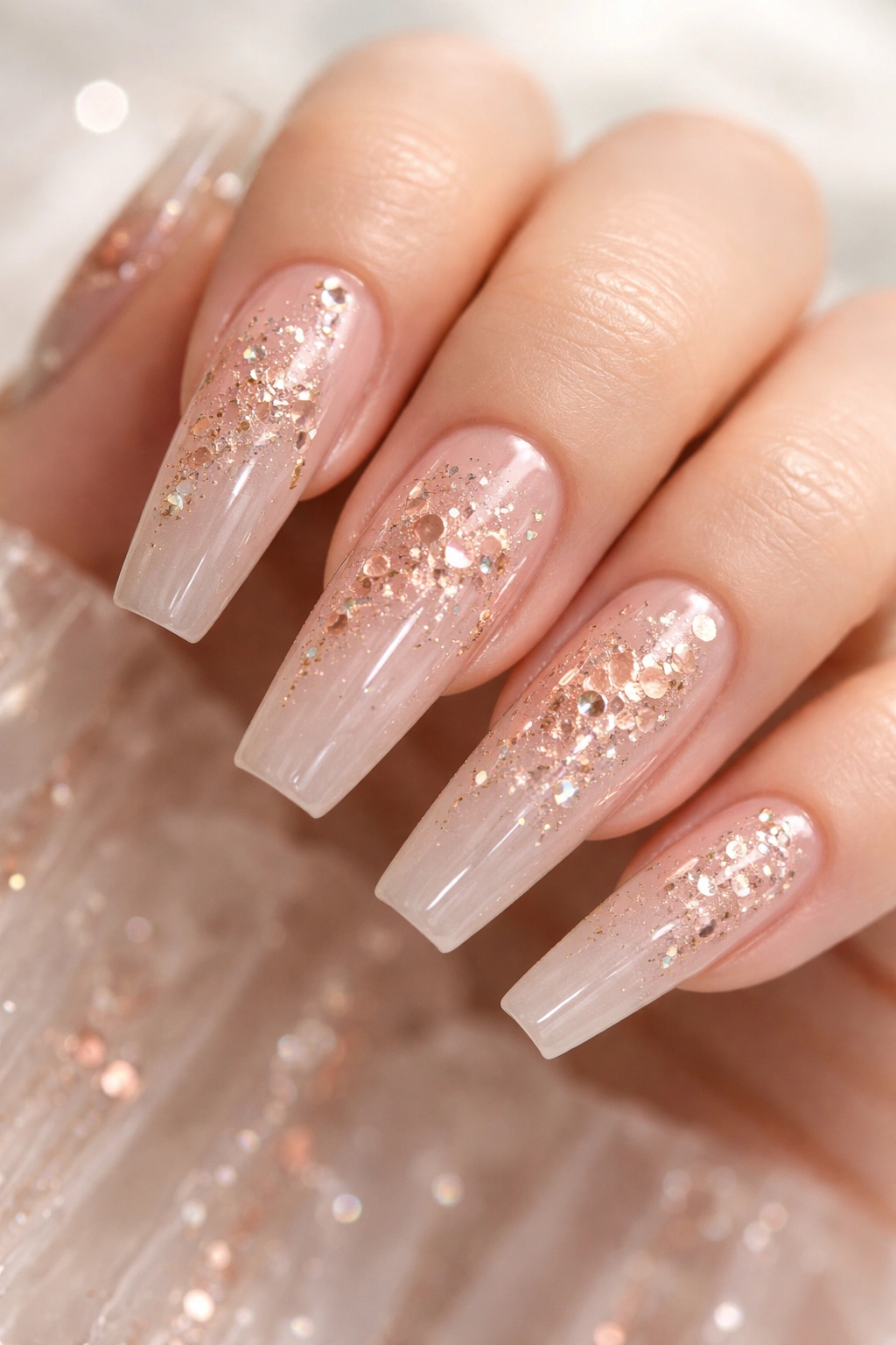 Close-up of translucent blush coffin nails with rose gold leaf and rhinestones
