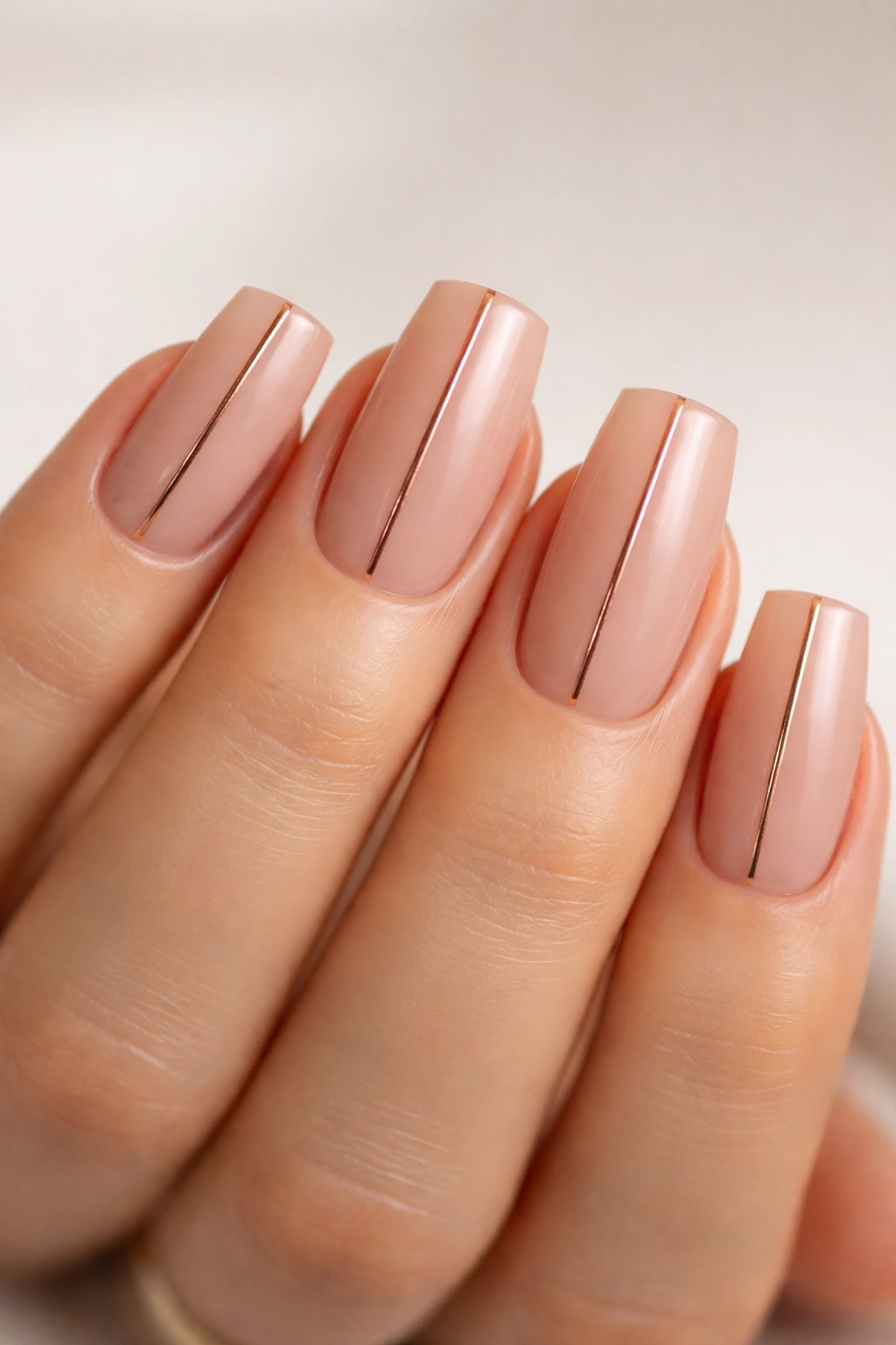 Medium duck nails in nude tone with thin rose gold stripes down the center