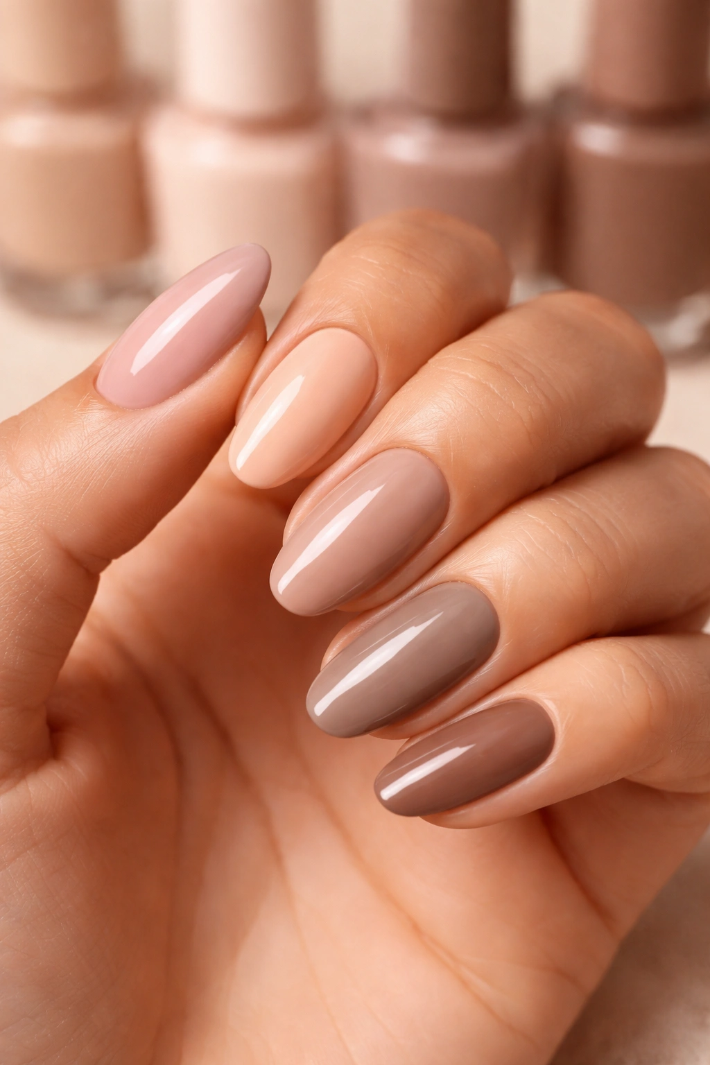 Nails painted in pink-toned, peach, taupe, and mocha nude shades.