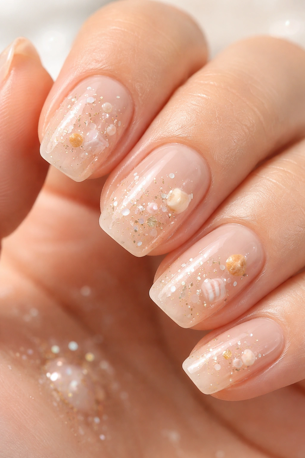 Close-up of translucent nude nails with embedded tiny shells.