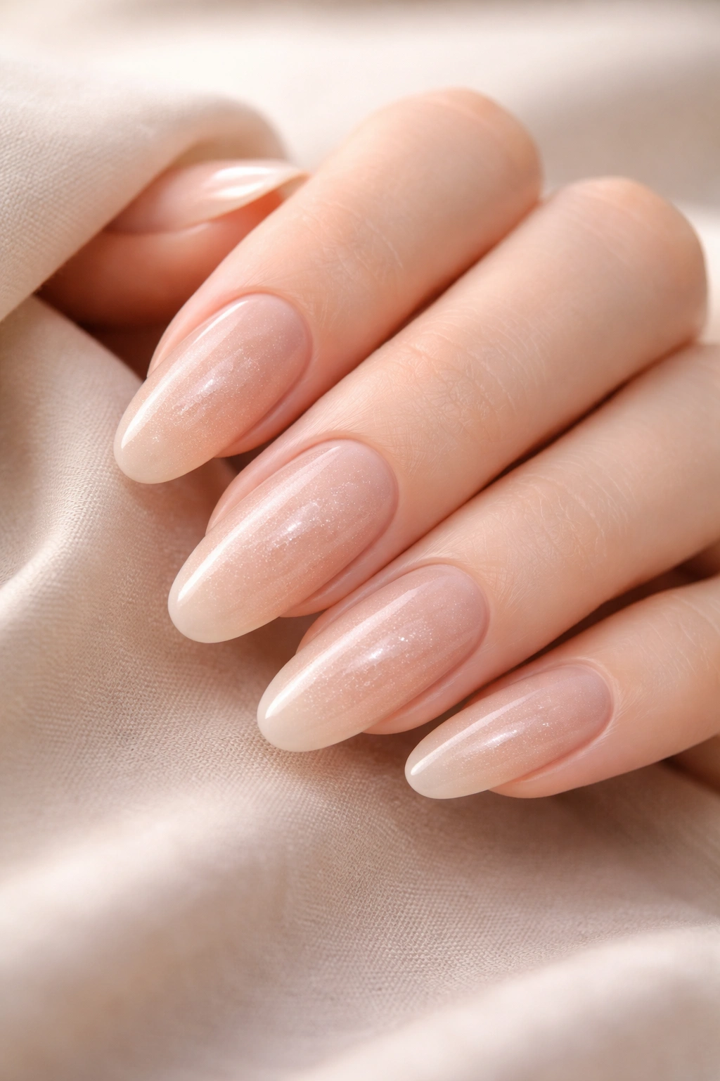 Close-up of long round nails in a skin-tone nude with micro shimmer on a neutral surface