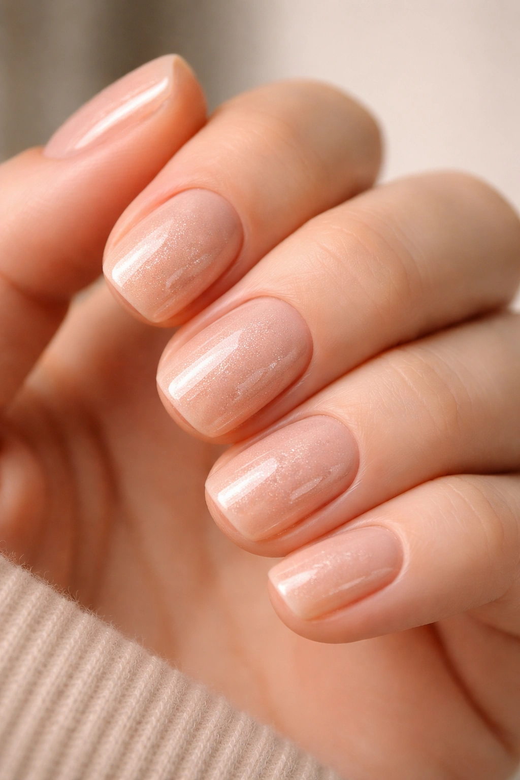 Close-up of short squoval nails in warm nude with micro shimmer on neutral background