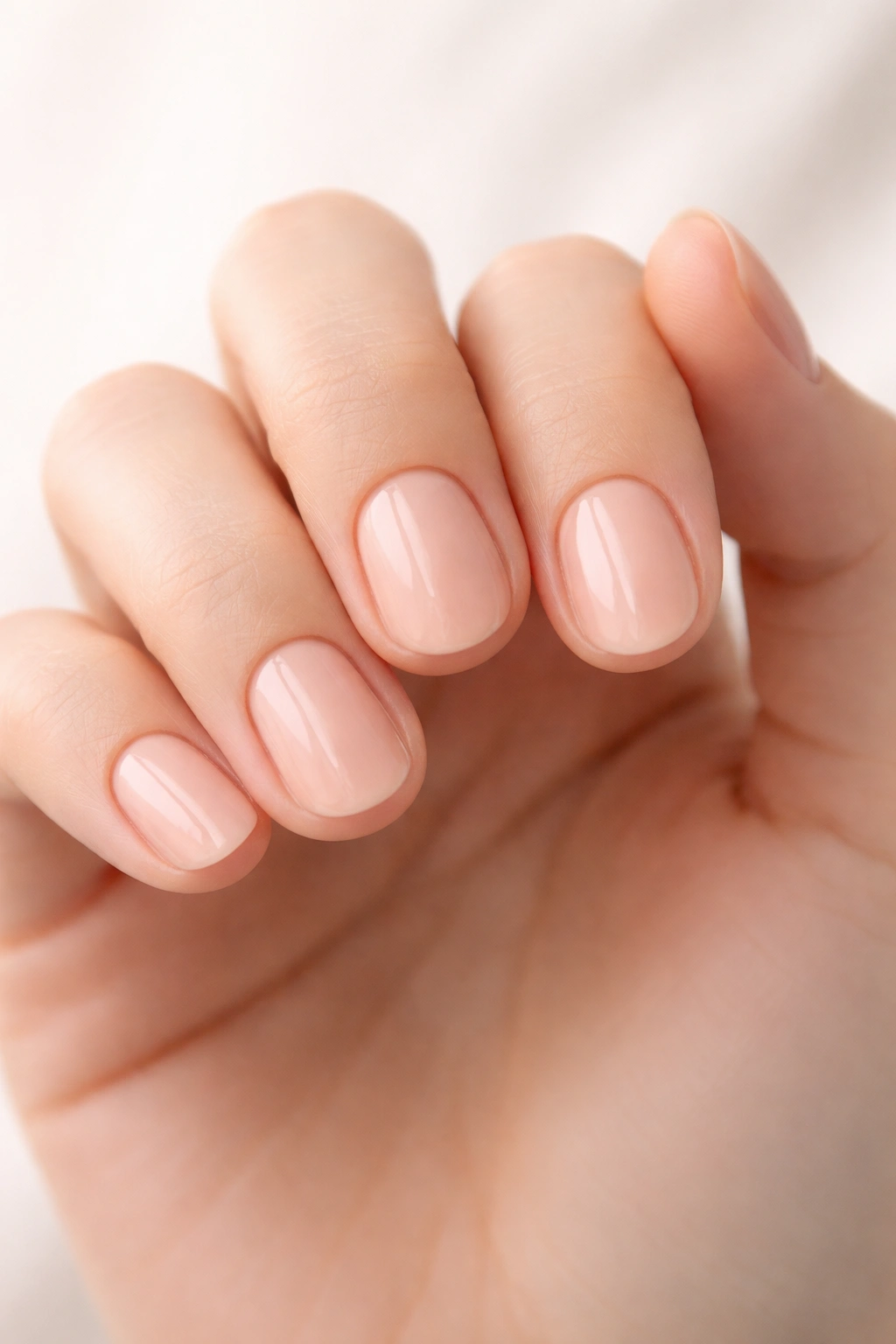 Close-up of a hand with short rounded nude nails illustrating key takeaways