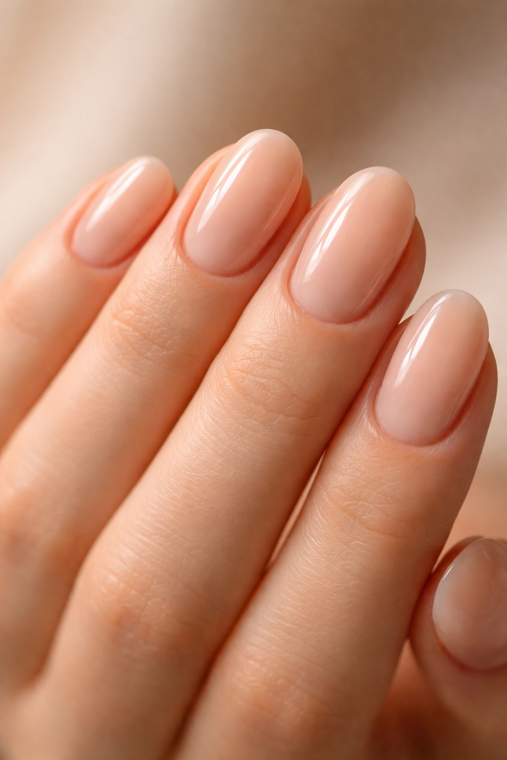 Close-up of short oval nails with soft nude polish and glossy finish