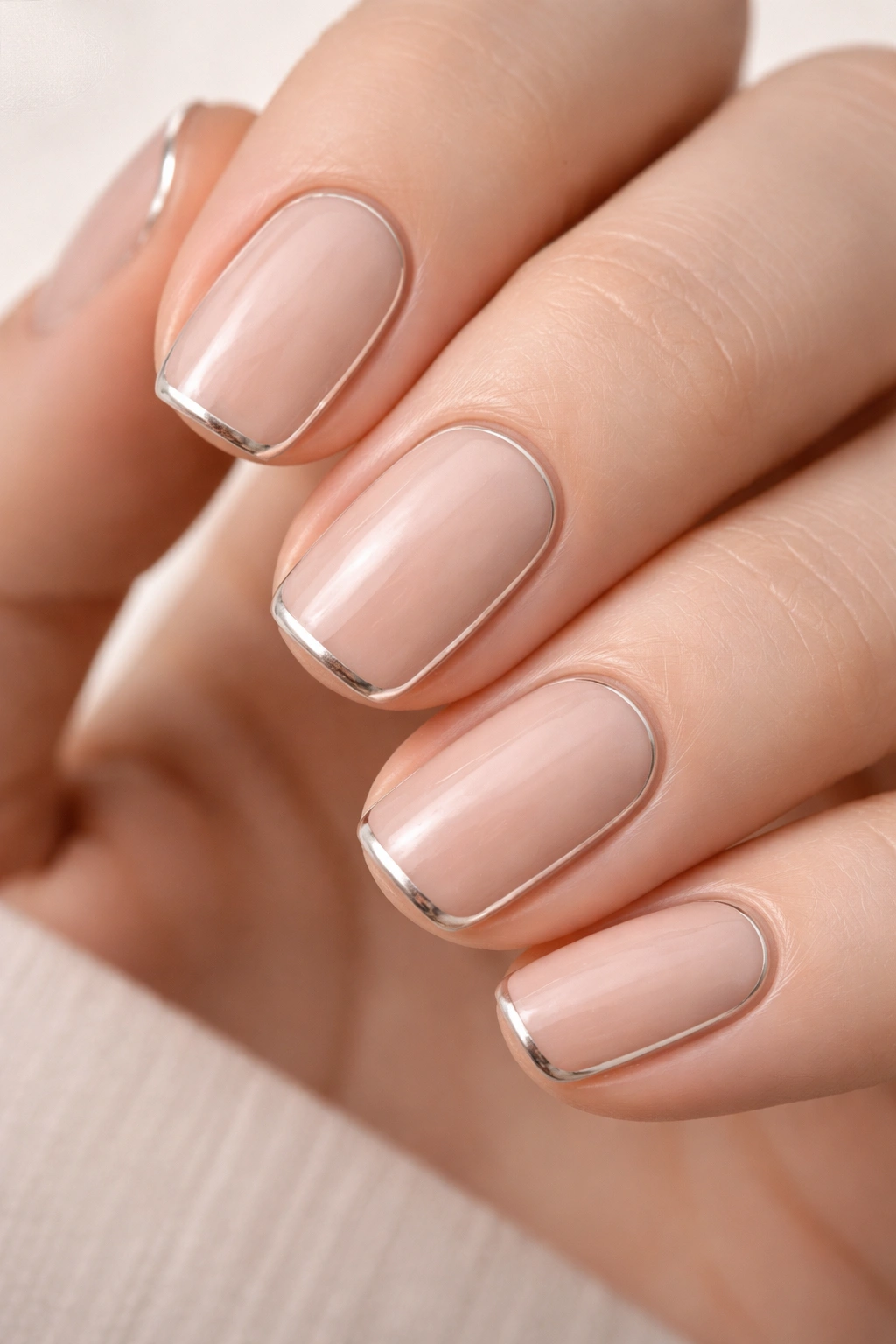 Close-up of nude-toned squoval nails with a silver outline