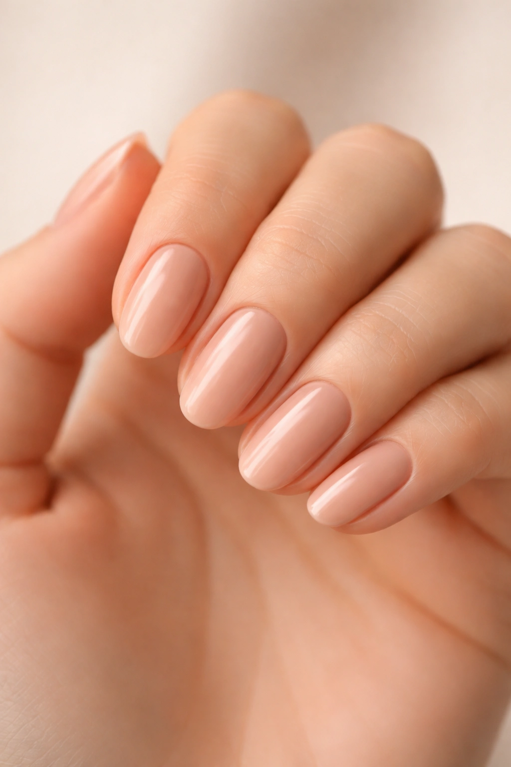 Close-up of hand with nude nail polish matching skin tone to elongate fingers