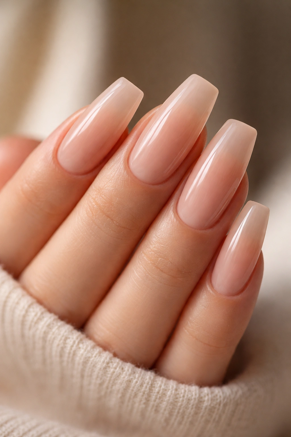 Close-up of slim nude duck nails with a glossy soft curve on a natural nail