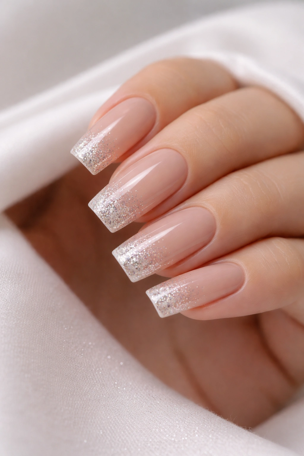 Close-up of nude squoval nails with delicate sparkle tips