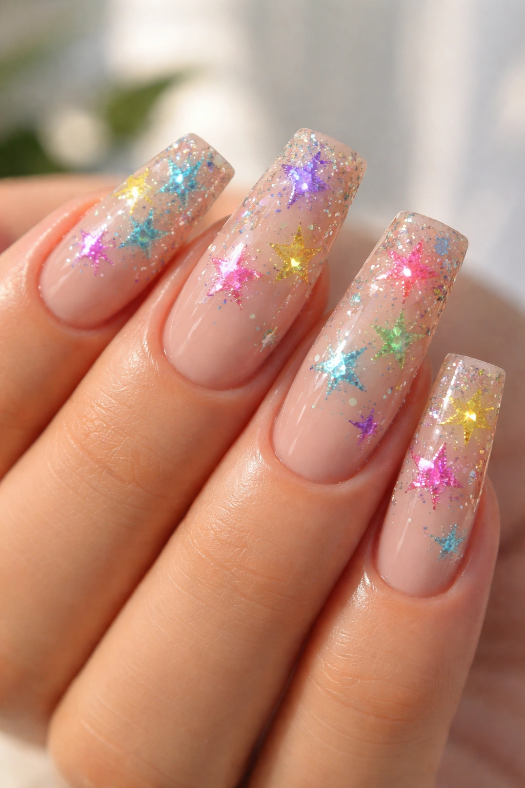 Nude-based duck nails with multicolored sparkly stars.