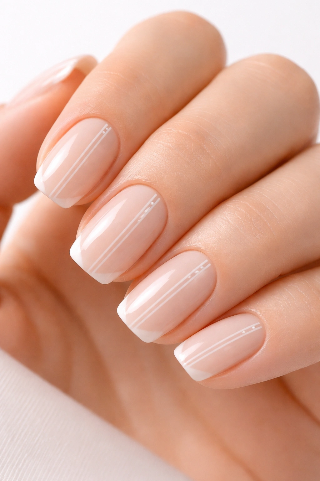 Close-up of squoval nails with nude base and white line accents